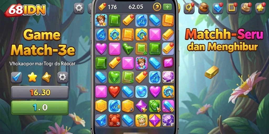 Tampilan menarik gameplay Match-3 di 68IDN.