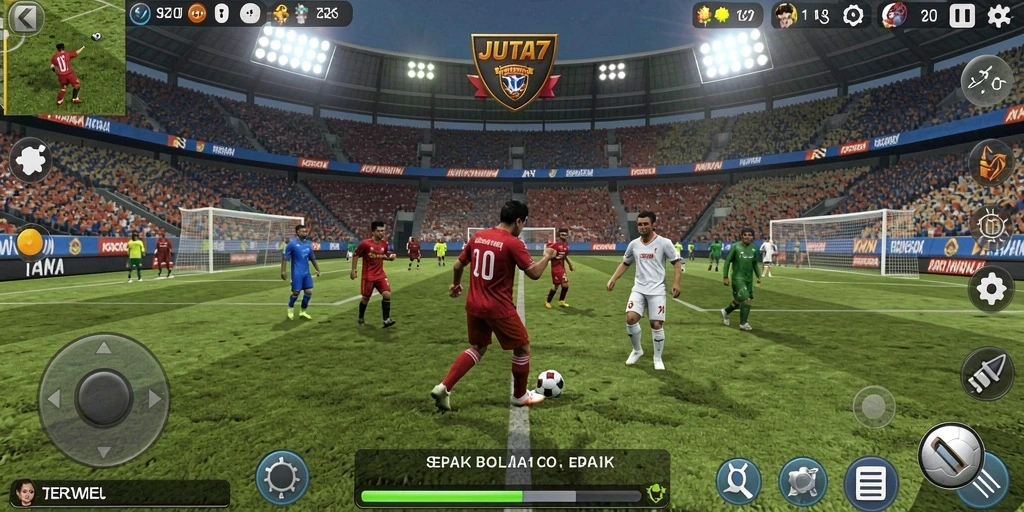 Tampilan gameplay JUTA7 yang seru dan realistis di lapangan sepak bola.
