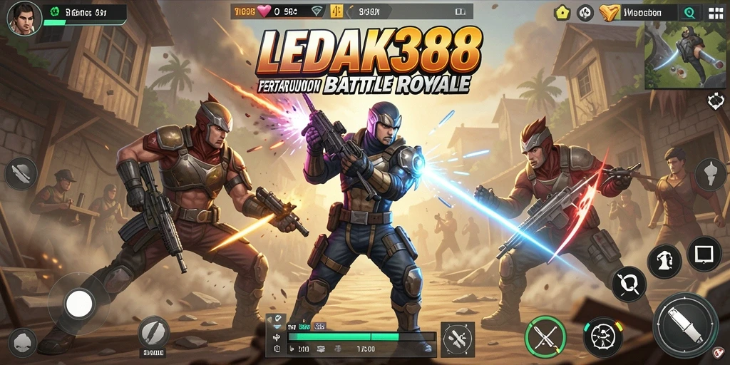 Tangkapan layar gameplay LEDAK388 menampilkan pertempuran intens dalam Battle Royale.