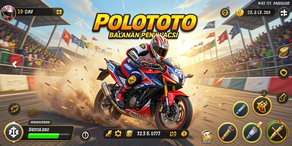 Screenshot utama POLOTOTO yang menunjukkan aksi balapan motor yang mendebarkan.